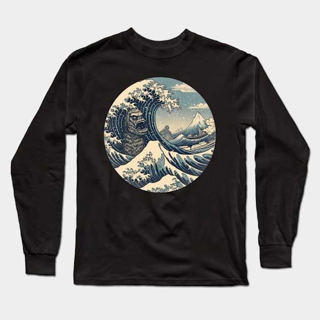 "The Great Wave of Bigfoot" - Sasquatch Kanagawa Design Long Sleeve T-Shirt by ThatVibe